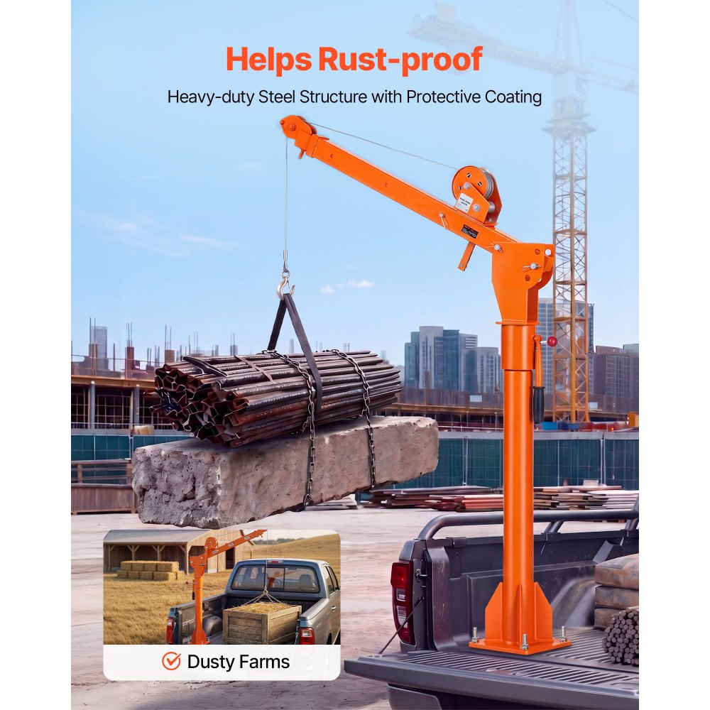 VEVOR Truck Crane, 1100 lbs Manual Pickup Truck Crane with Hand Winch, 360° Rotating Telescopic Boom, Premium Galvanized Steel, Foldable Pickup Bed Jib for Machine Lumber Attic Heavy Load Lifting