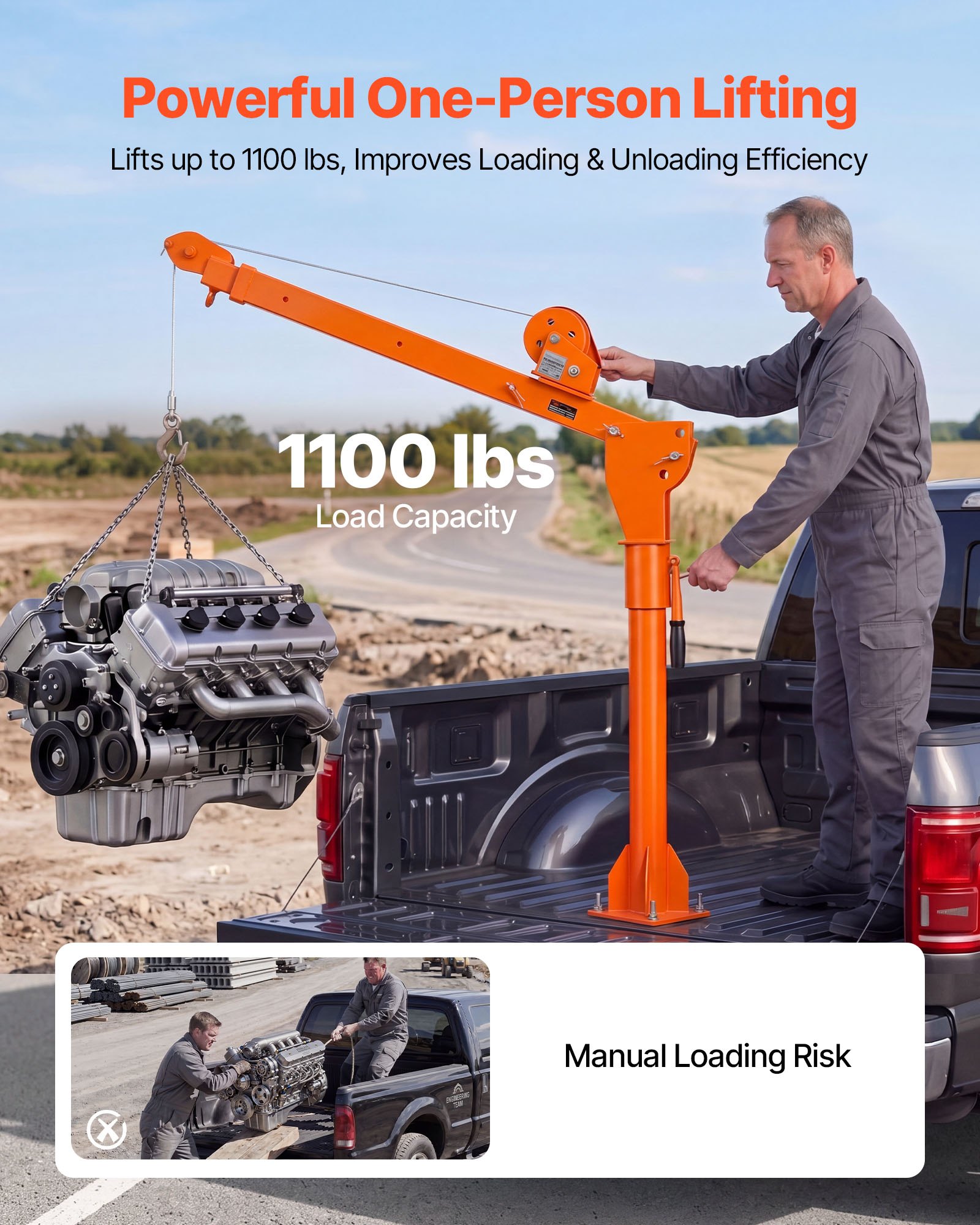 VEVOR Truck Crane, 1100 lbs Manual Pickup Truck Crane with Hand Winch, 360° Rotating Telescopic Boom, Premium Galvanized Steel, Foldable Pickup Bed Jib for Machine Lumber Attic Heavy Load Lifting