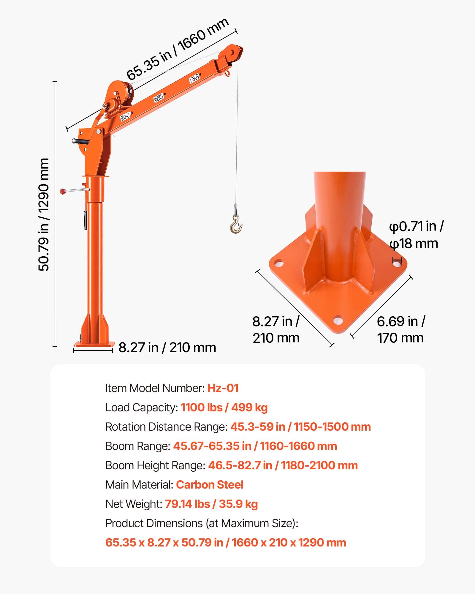 VEVOR Truck Crane, 1100 lbs Manual Pickup Truck Crane with Hand Winch, 360° Rotating Telescopic Boom, Premium Galvanized Steel, Foldable Pickup Bed Jib for Machine Lumber Attic Heavy Load Lifting