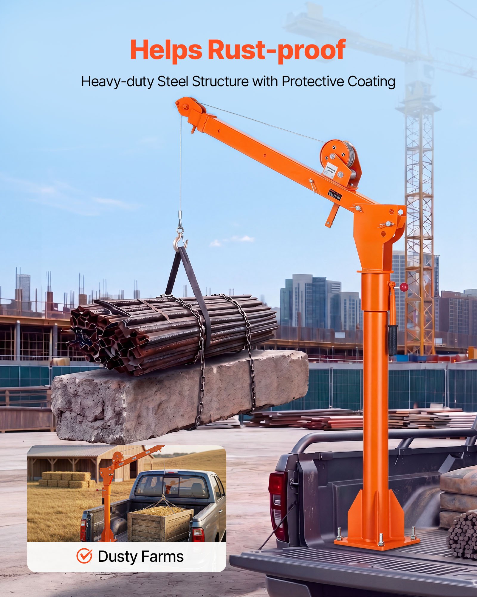 VEVOR Truck Crane, 1100 lbs Manual Pickup Truck Crane with Hand Winch, 360° Rotating Telescopic Boom, Premium Galvanized Steel, Foldable Pickup Bed Jib for Machine Lumber Attic Heavy Load Lifting