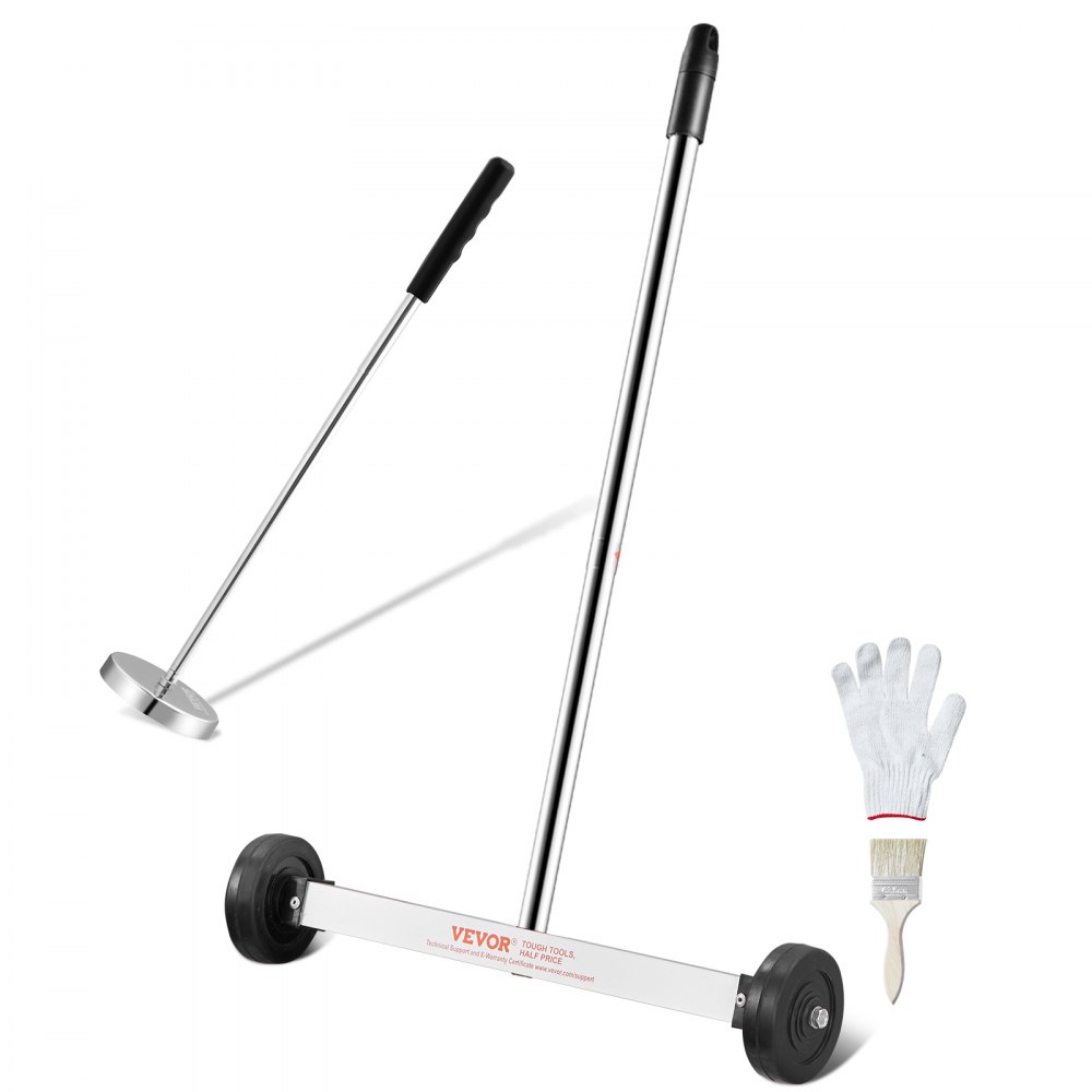 VEVOR magnetic sweeper with wheels and two tools, including a magnetic pick-up tool and gloves.