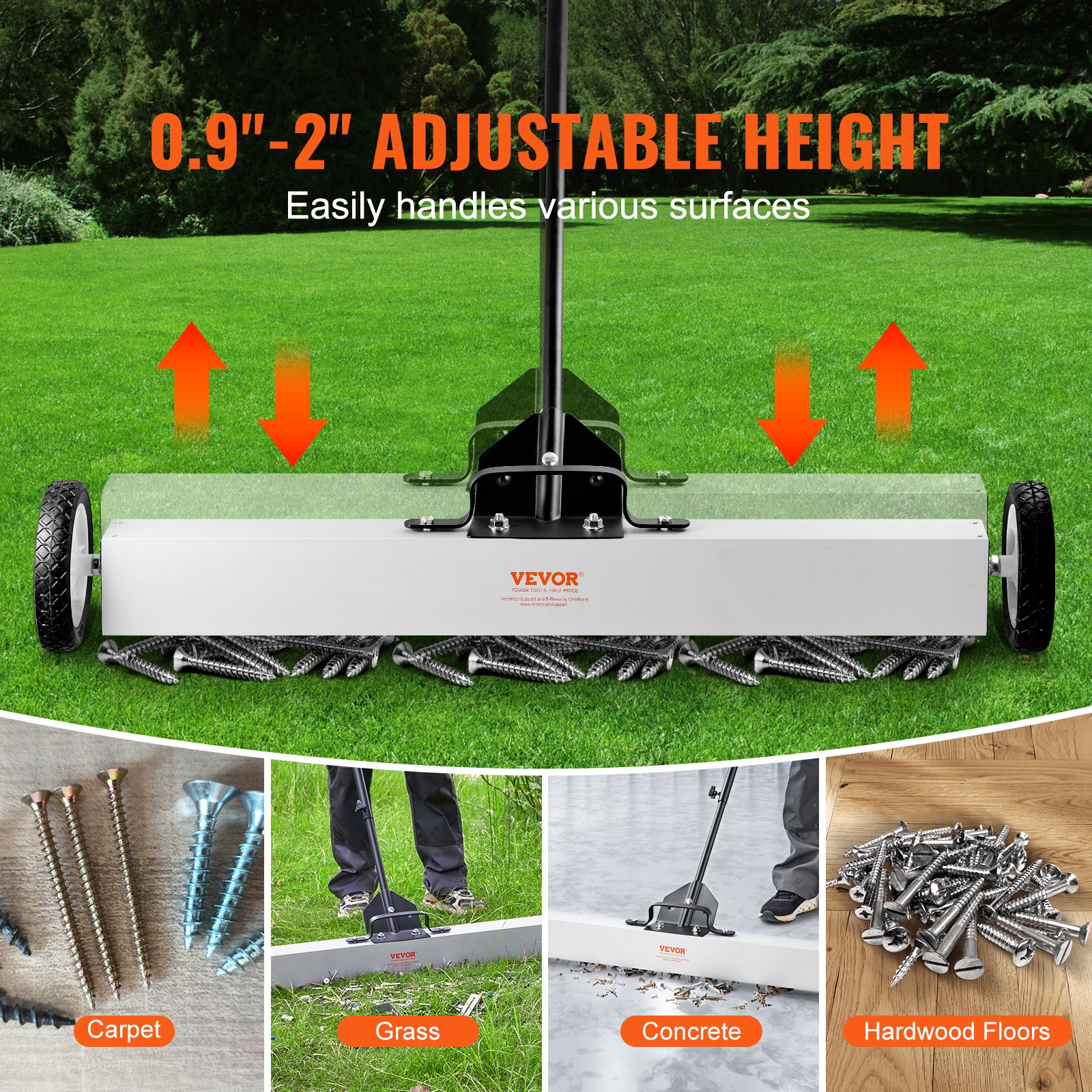 VEVOR 910mm Magnetic Sweeper with Wheels, 24.9kg Capacity, with Telescoping Magnetic Pickup Tool, Adjustable Handle, Magnetic Pickup Sweeper to Pick Up Nails and Screws, for Workshop, Garage, Yard