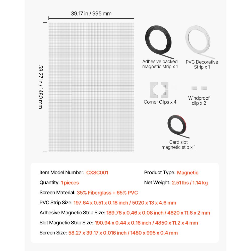 VEVOR Magnetic Window Screen,  58.27 x 39.17 inch PVC and Fiberglass Mesh, White Frames with Black Magnetic Strip and Wind Clips, No Drilling Easy Installation, Magnetic Screen for House Window