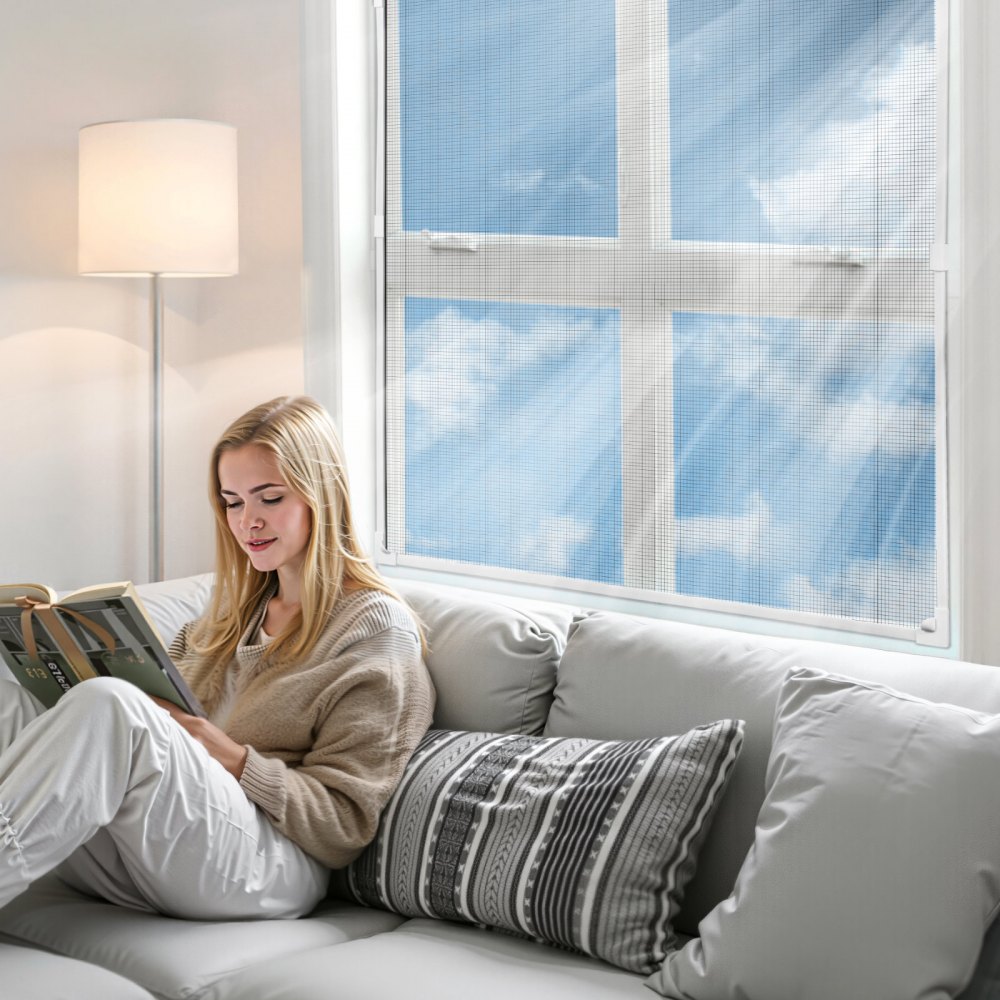 VEVOR Magnetic Window Screen,  58.27 x 39.17 inch PVC and Fiberglass Mesh, White Frames with Black Magnetic Strip and Wind Clips, No Drilling Easy Installation, Magnetic Screen for House Window
