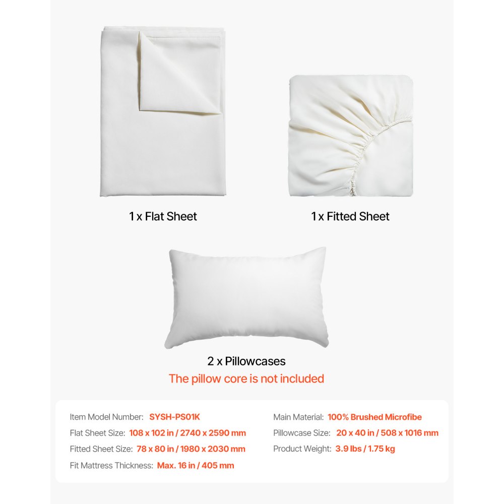 VEVOR 4-Piece Bed Sheet Set - King Size, 100% Brushed Microfiber Bedding Set with 2 Pillowcases, 1 Flat Sheet & 1 Fitted Sheet, Breathable & Wrinkle-Resistant Luxury Bed Sheets for Hotels, Bedrooms