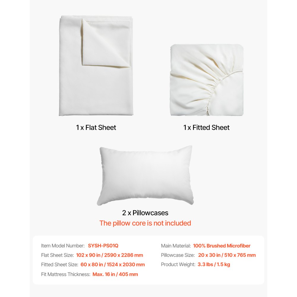 VEVOR 4-Piece Bed Sheet Set - Queen Size, 100% Brushed Microfiber Bedding Set with 2 Pillowcases, 1 Flat Sheet & 1 Fitted Sheet, Breathable & Wrinkle-Resistant Luxury Bed Sheets with 16" Deep Pocket