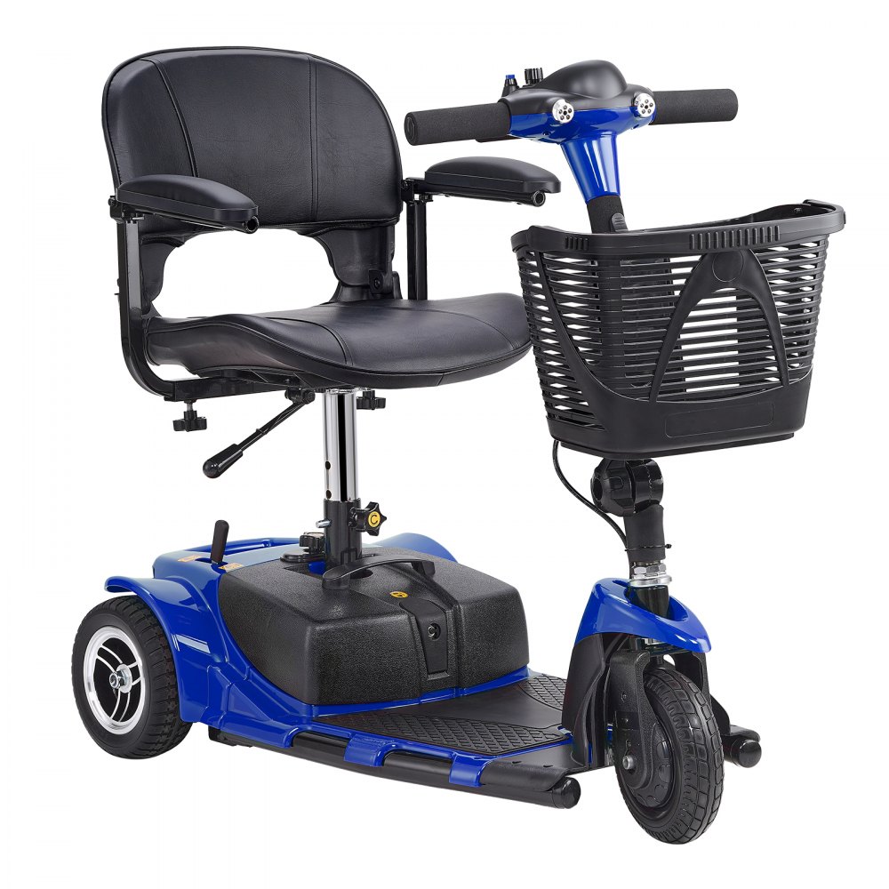 VEVOR mobility scooter in blue with a comfortable seat, armrests, and a front black basket.