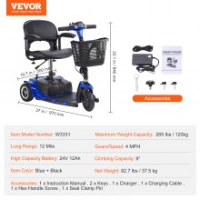 VEVOR 3-Wheel Folding Mobility Scooter for Seniors 12 Mile Range 265LBS Capacity
