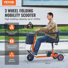 VEVOR bærbar 3-hjuls mobilitetsscooter for seniorer 12 mil rekkevidde Maks 330 LBS