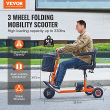 VEVOR Scooter de movilidad plegable de 3 ruedas para adultos y personas mayores, scooter de movilidad eléctrico resistente con alcance de 12 millas, silla de ruedas de viaje todo terreno con baterías de iones de litio de 48 V, 330 libras