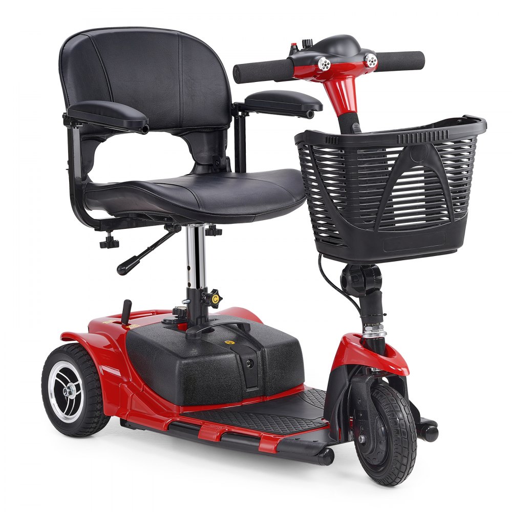 red VEVOR folding mobility scooter with black seat, handlebars, and front basket.