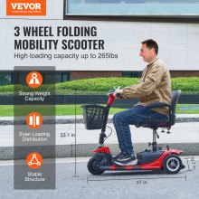 VEVOR Scooter de mobilité pliable à 3 roues pour adultes et personnes âgées, scooter de mobilité électrique robuste et longue portée de 12 miles, fauteuil roulant de voyage tout terrain avec capacité d'escalade de 9°, capacité de 265 lb