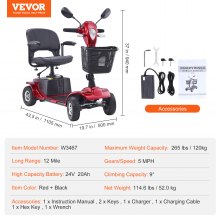 VEVOR Heavy-Duty 4 Wheel Mobility Scooter for Adults & Seniors - Folding Electric Powered Mobility Scooter & 12 Mile Long Range, All Terrain Travel Wheelchair with 9° Climbing Capacity, 265lb Capacity
