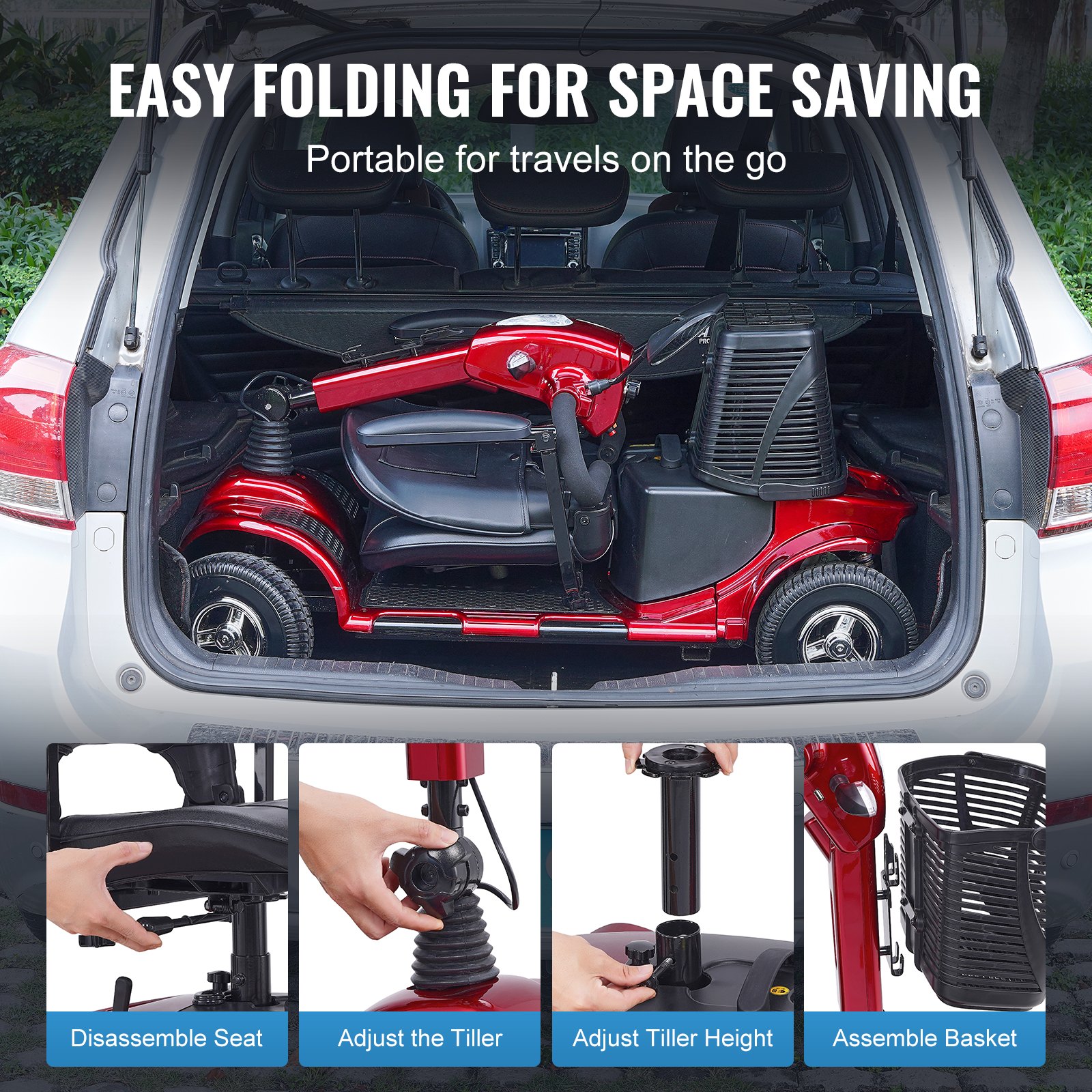 VEVOR Heavy-Duty 4 Wheel Mobility Scooter for Adults & Seniors - Folding Electric Powered Mobility Scooter & 12 Mile Long Range, All Terrain Travel Scooter with 9° Climbing Capacity, 265lb Capacity