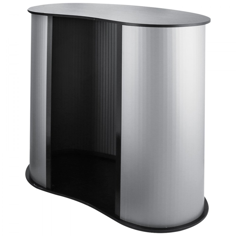 VEVOR trade show counter with black top and curved silver body.