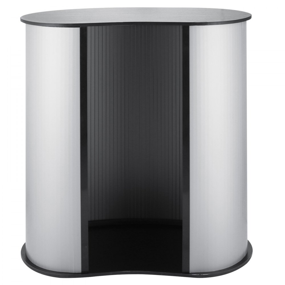 VEVOR trade show counter with a black top and white paneling.