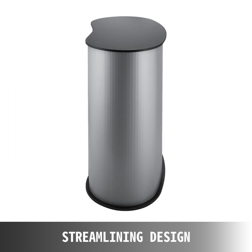 VEVOR trade show counter with sleek, rounded design in silver and black.