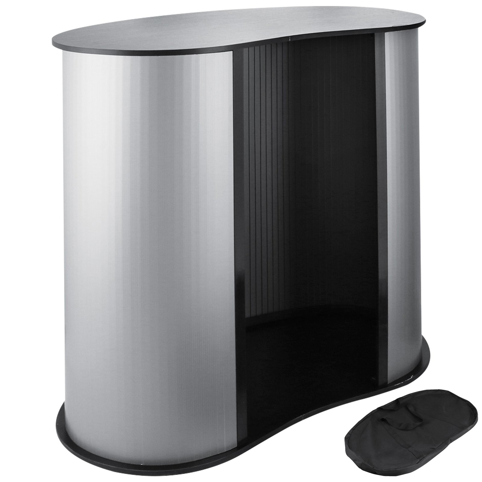 VEVOR trade show counter with black interior and silver curved panels, includes carry bag.