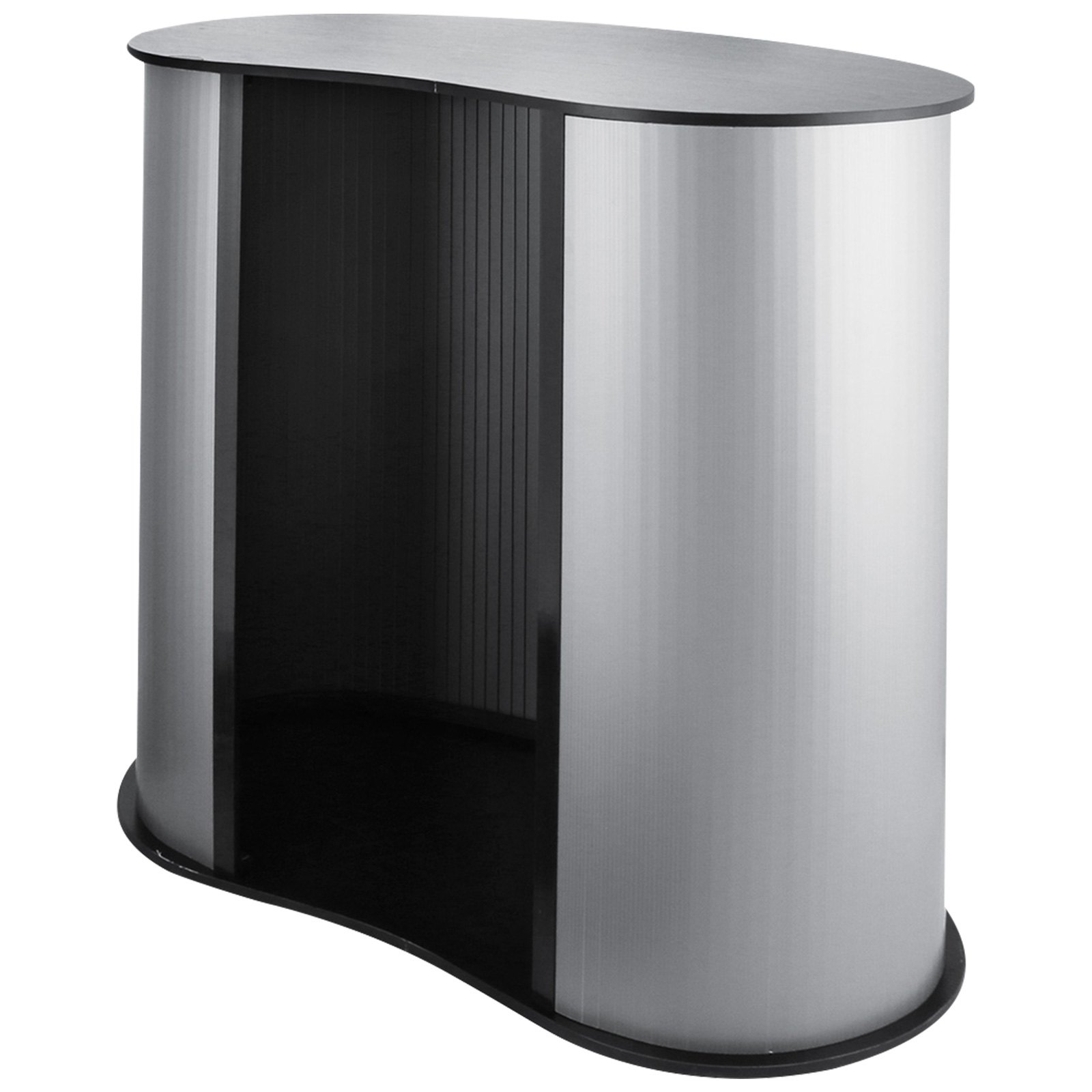 VEVOR trade show counter with black top and curved silver body.