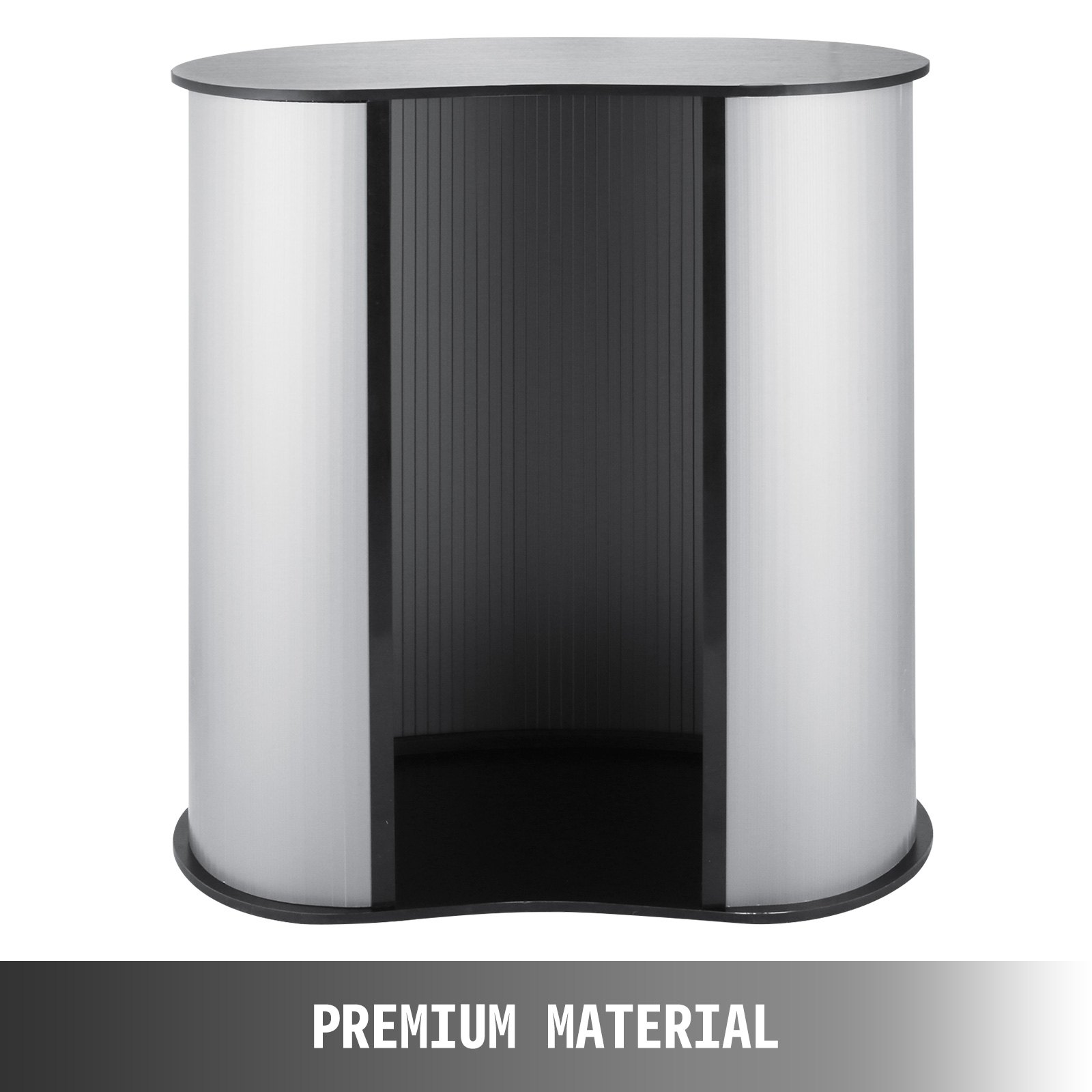VEVOR trade show counter frontal view, black and white, premium material label.