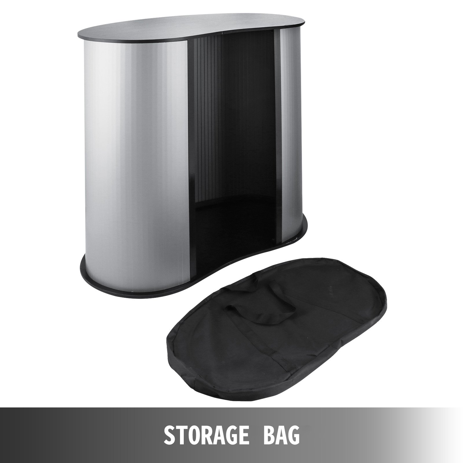 VEVOR trade show counter with black storage bag, showing a sleek, curved design.