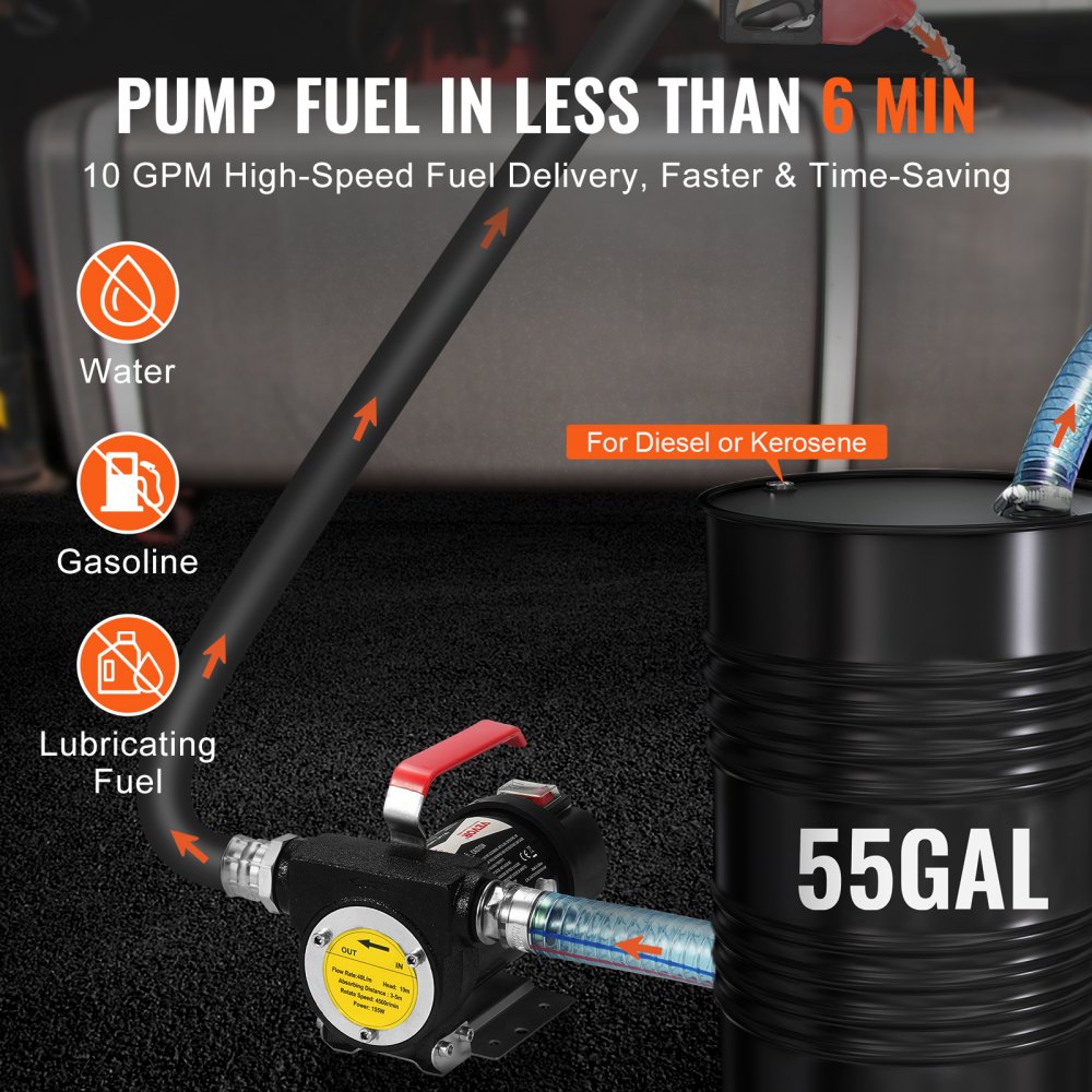 VEVOR Fuel Transfer Pump, 12V DC 38 L/min(10 GPM) 186W(1/4 HP), Portable Electric Diesel Transfer Pump with Automatic Shut-Off Fuel Nozzle, High Flow, Long Inlet & Outlet Hose for Diesel, Kerosene, Transformer Fuel