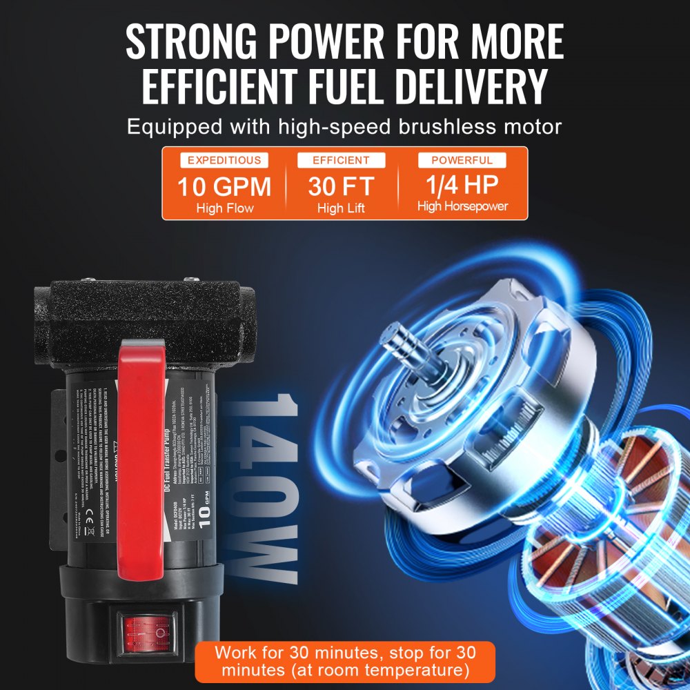 VEVOR Fuel Transfer Pump, 12V DC 38 L/min(10 GPM) 186W(1/4 HP), Portable Electric Diesel Transfer Pump with Automatic Shut-Off Fuel Nozzle, High Flow, Long Inlet & Outlet Hose for Diesel, Kerosene, Transformer Fuel