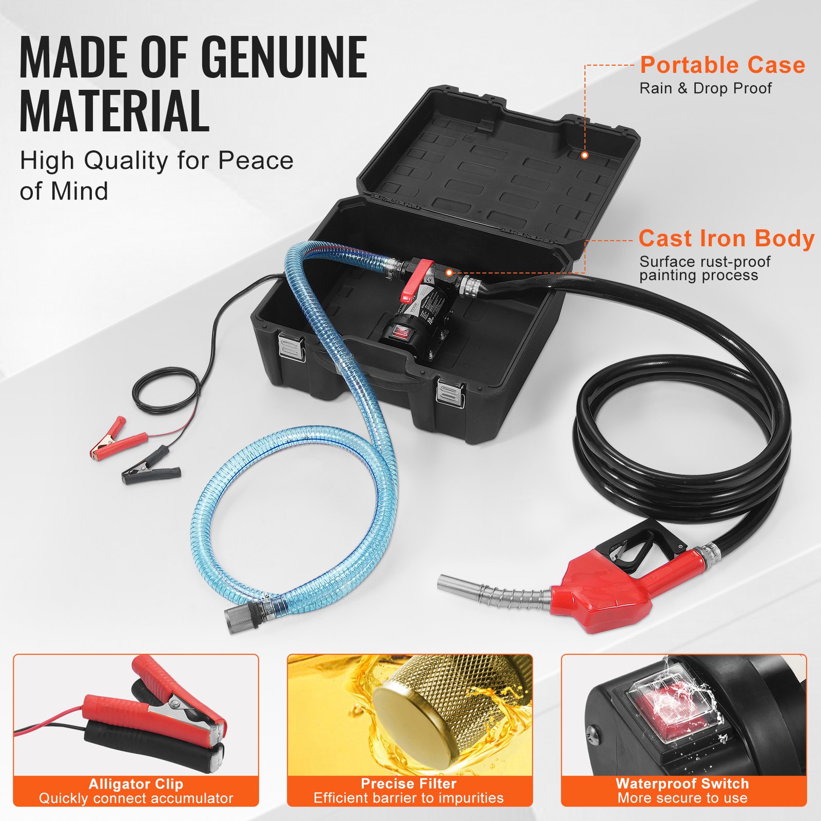 VEVOR Fuel Transfer Pump, 12V DC 38 L/min(10 GPM) 186W(1/4 HP), Portable Electric Diesel Transfer Pump with Automatic Shut-Off Fuel Nozzle, High Flow, Long Inlet & Outlet Hose for Diesel, Kerosene, Transformer Fuel