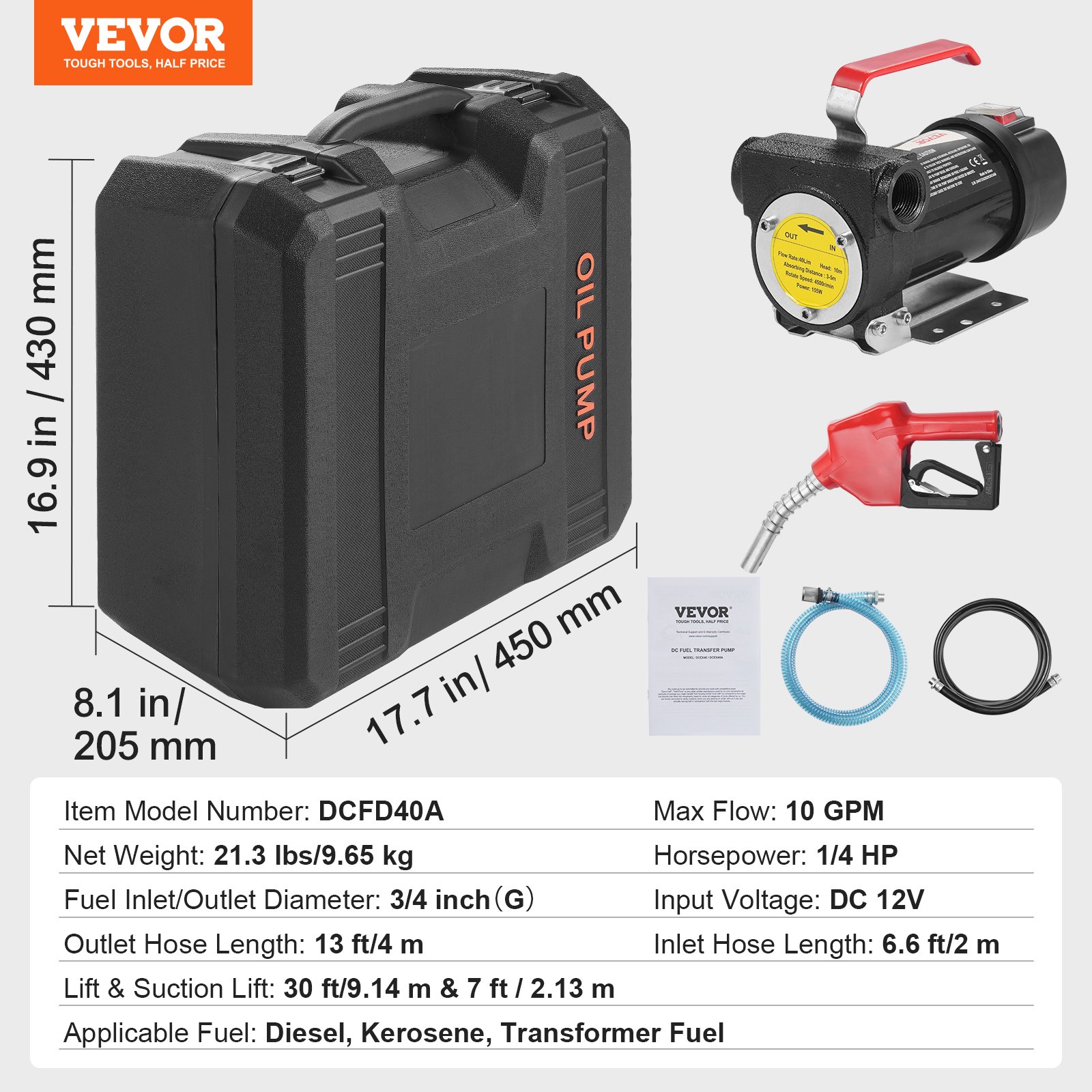 VEVOR Fuel Transfer Pump, 12V DC 38 L/min(10 GPM) 186W(1/4 HP), Portable Electric Diesel Transfer Pump with Automatic Shut-Off Fuel Nozzle, High Flow, Long Inlet & Outlet Hose for Diesel, Kerosene, Transformer Fuel