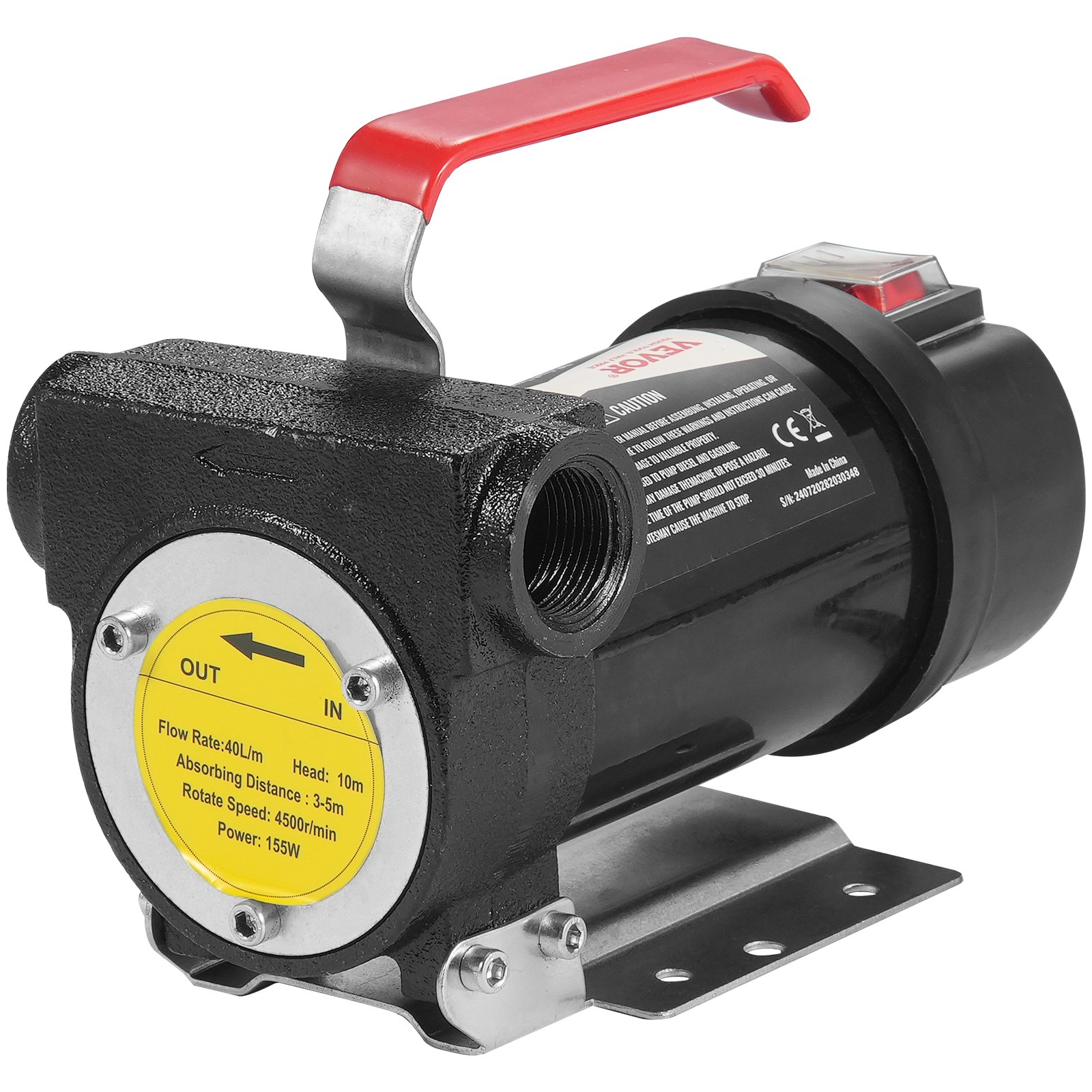 VEVOR Fuel Transfer Pump, 12V DC 38 L/min(10 GPM) 186W(1/4 HP), Portable Electric Diesel Transfer Pump with Automatic Shut-Off Fuel Nozzle, High Flow, Long Inlet & Outlet Hose for Diesel, Kerosene, Transformer Fuel