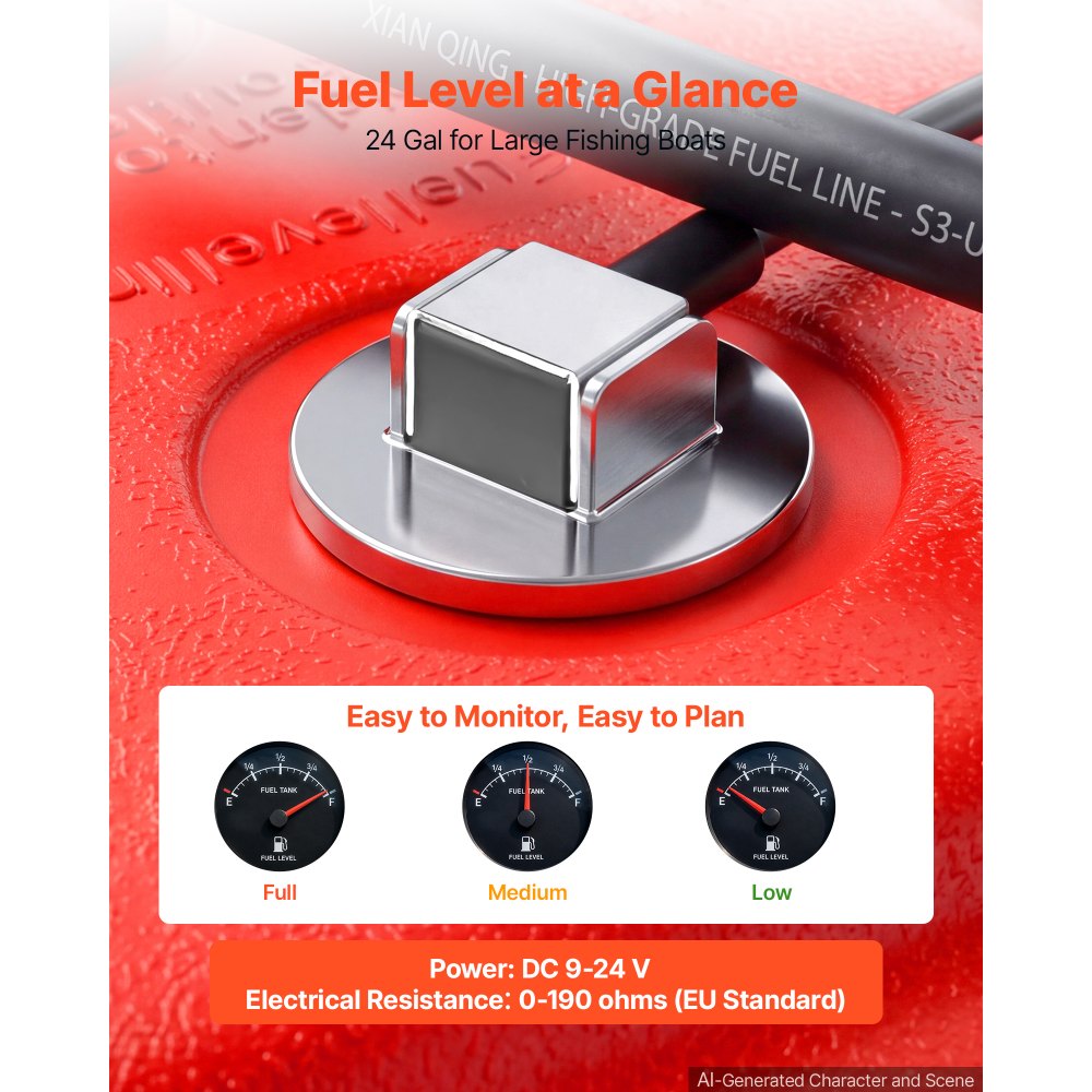 VEVOR Marine Fuel Tank 90.8 L Boat Gas Tank Electronic Fuel Level Sensor, Portable Outboard Gas Can for Outboard Engine Boats, Yacht, Fishing Boat, Deck Boat, Gas Container, 4 mm Thick HDPE, Red
