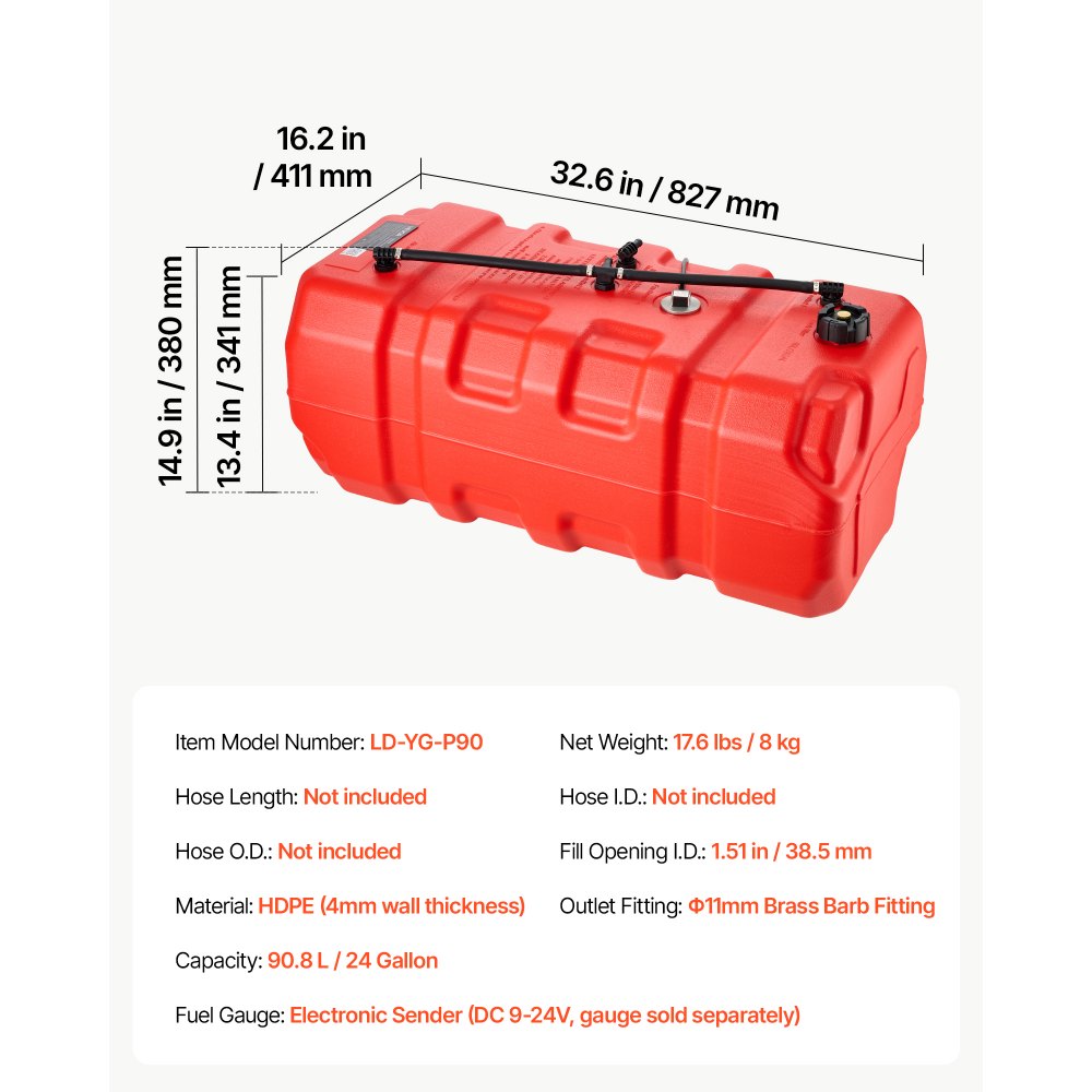 VEVOR Marine Fuel Tank 90.8 L Boat Gas Tank Electronic Fuel Level Sensor, Portable Outboard Gas Can for Outboard Engine Boats, Yacht, Fishing Boat, Deck Boat, Gas Container, 4 mm Thick HDPE, Red