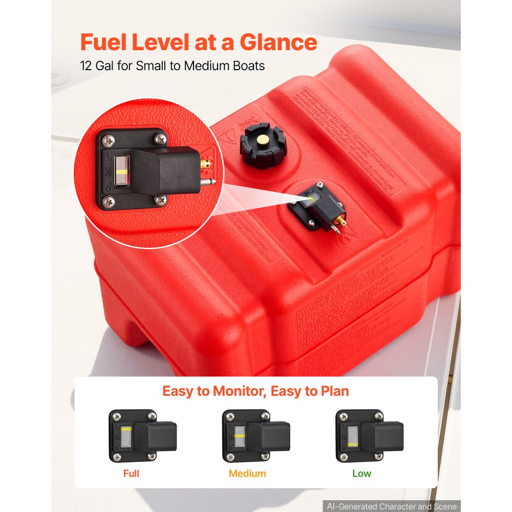 VEVOR Marine Fuel Tank, 45.4 L Boat Gas Tank Portable Outboard Gas Can, for Outboard Engine Boats, Yacht, Fishing Boat, Deck Boat, Gas Container, Fuel Gauge, Hose & Primer Bulb, Premium HDPE, Red