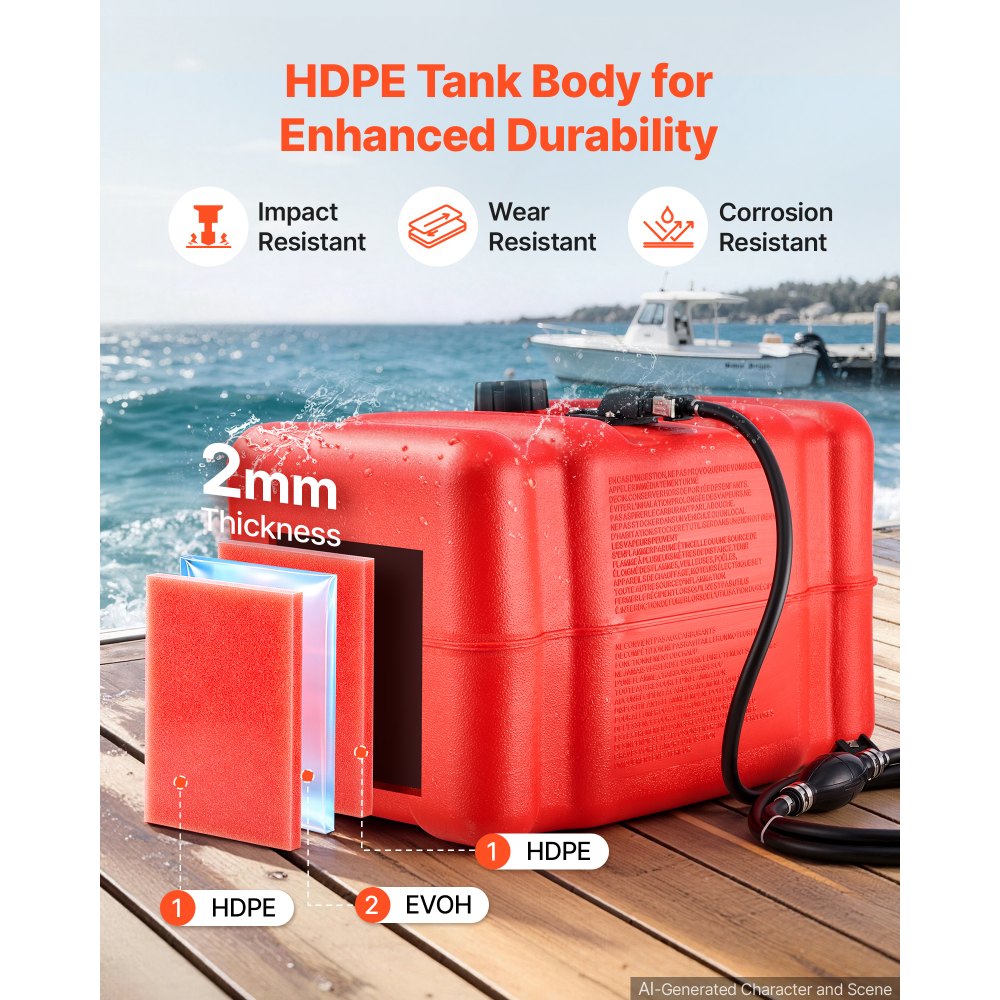 VEVOR Marine Fuel Tank, 45.4 L Boat Gas Tank Portable Outboard Gas Can, for Outboard Engine Boats, Yacht, Fishing Boat, Deck Boat, Gas Container, Fuel Gauge, Hose & Primer Bulb, Premium HDPE, Red