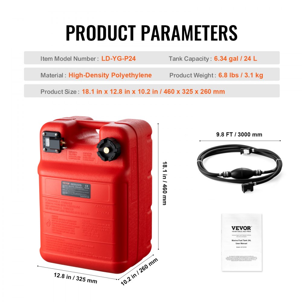 VEVOR Marine Tank, 6.34-Gallon/24-L Marine Portable Tank Outboard Marine Boat Transfer Tank with 9.8ft Hose, Gauge for Outboard Engine Boats, Yacht, Fishing Boat, Deck Boat, Red