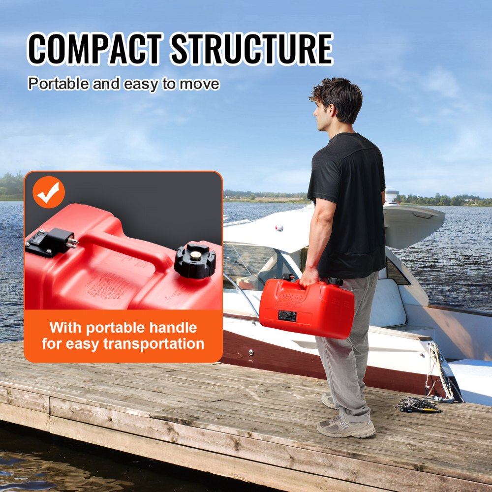 VEVOR marine fuel tank with portable handle, easy to move, showcased by a person near a boat on a dock.