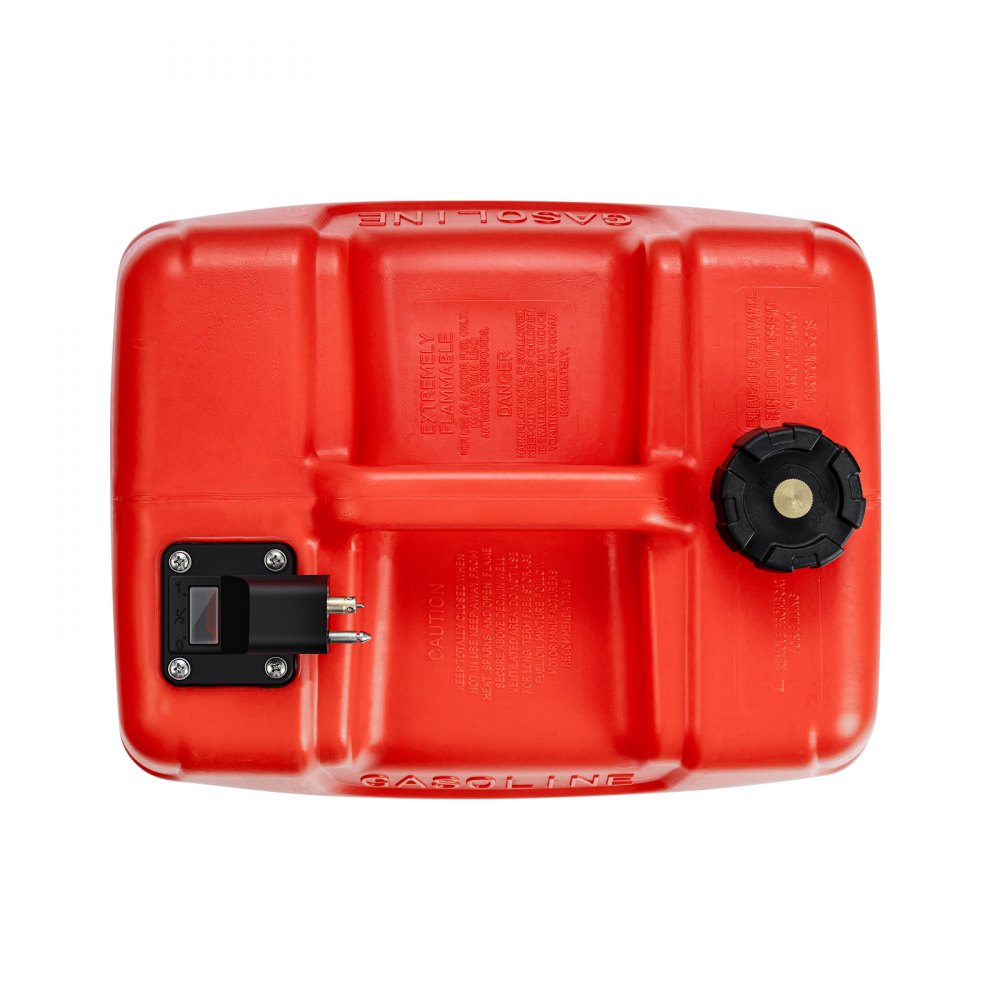 red VEVOR marine fuel tank with black fuel cap and gauge on the left side.