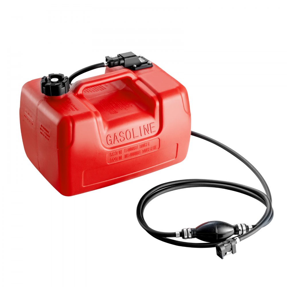 red VEVOR marine fuel tank with black fuel hose and pump attachment.