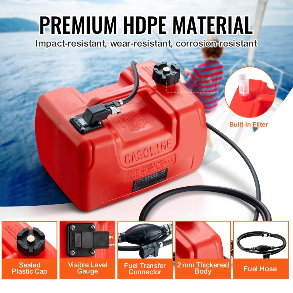 VEVOR Boat Fuel Tank, 3.17-Gallon/12-L Marine Outboard Transfer Tank, Transfer Tank with 9.8ft Hose, Gauge for Outboard Engine, Yacht, Fishing Boat, Deck, Red