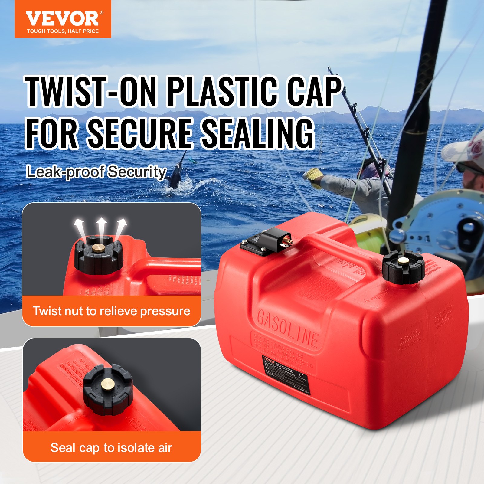 VEVOR marine fuel tank with twist-on plastic cap, leak-proof security, ideal for boating and fishing.
