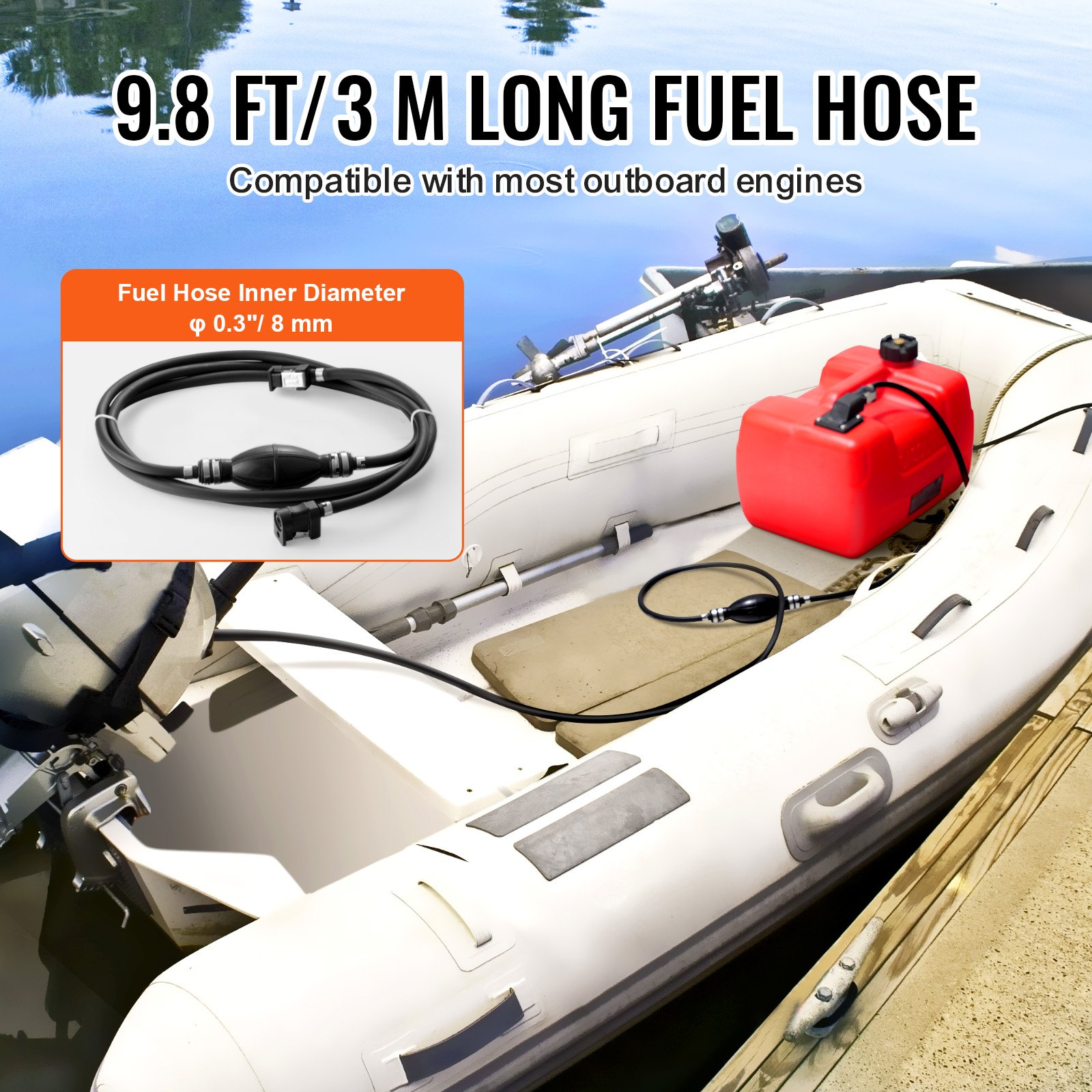 inflatable boat with VEVOR marine fuel tank and 9.8 ft fuel hose compatible with most outboard engines.