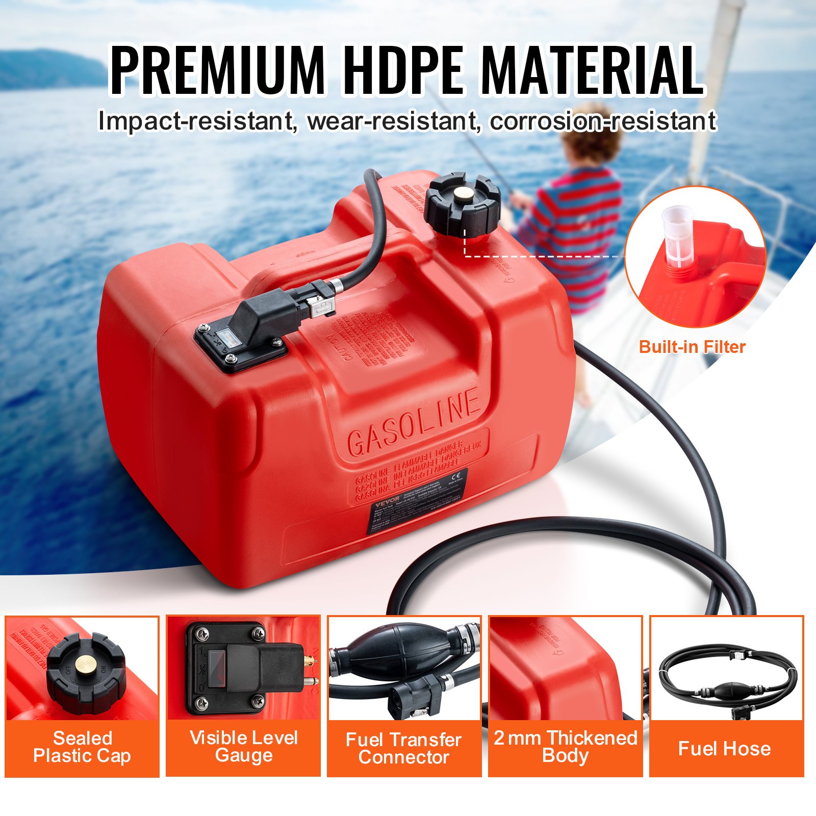 VEVOR marine fuel tank showcases a hdpe gasoline container with a sealed plastic cap, fuel hose, and visible gauge.