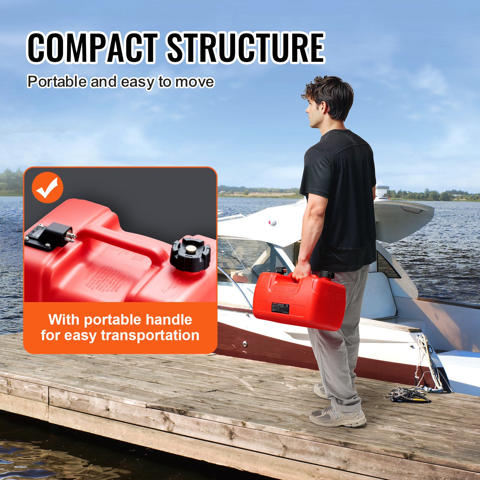 VEVOR marine fuel tank with portable handle, easy to move, showcased by a person near a boat on a dock.