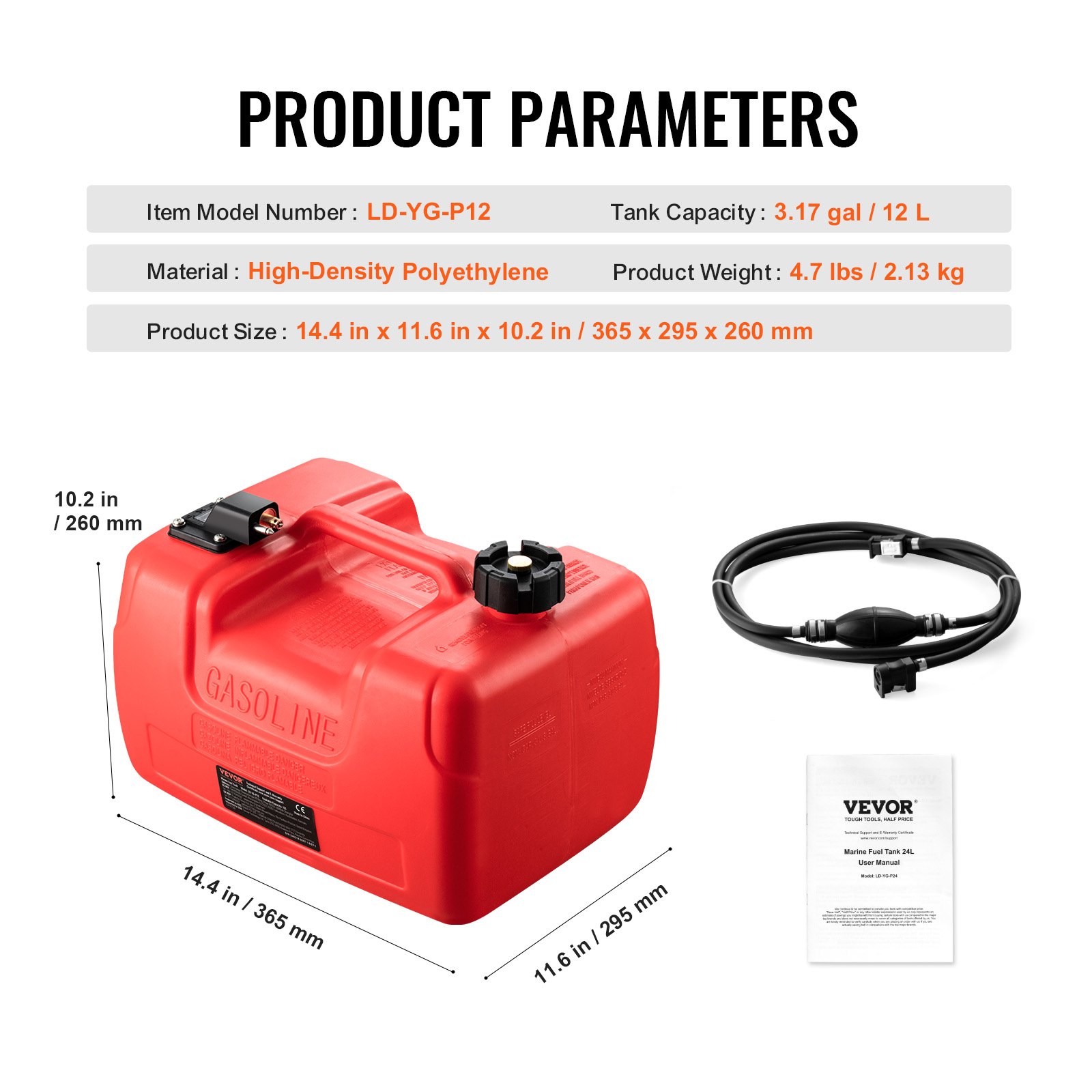 VEVOR marine fuel tank, 3.17 gal capacity, high-density polyethylene, 14.4 x 11.6 x 10.2 in, red.