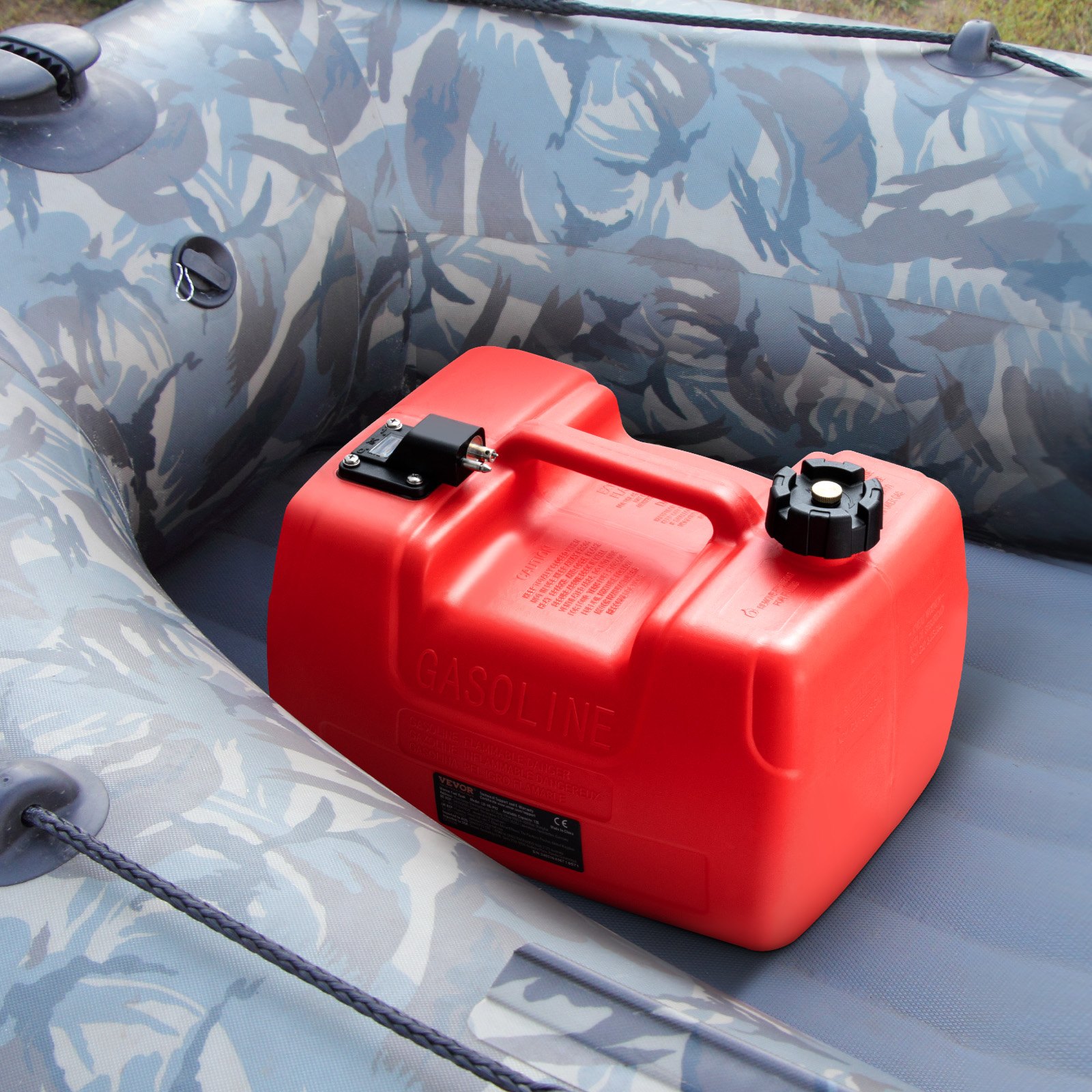 red gasoline container inside an inflatable camo-patterned boat - VEVOR marine fuel tank.