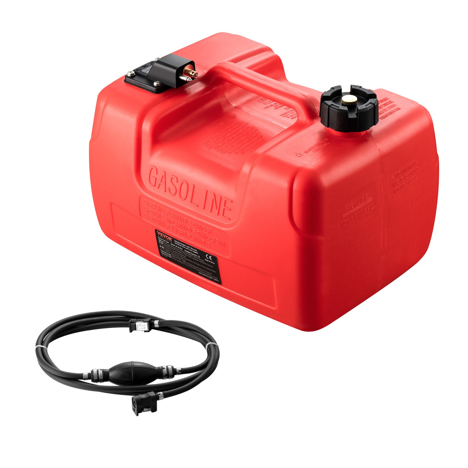 red VEVOR marine fuel tank with handle and black fuel line accessory.