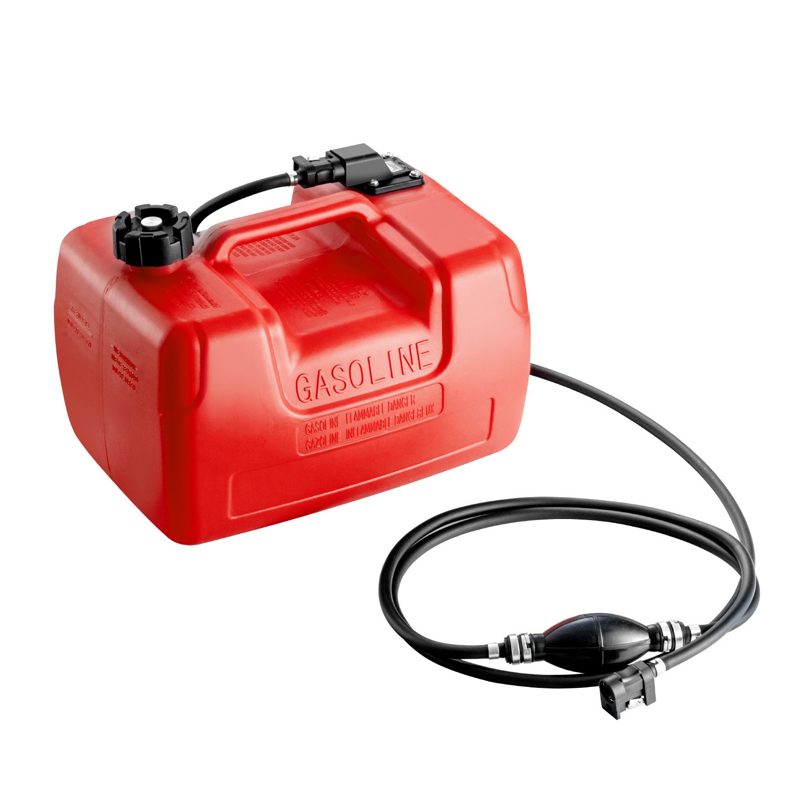 red VEVOR marine fuel tank with black fuel hose and pump attachment.