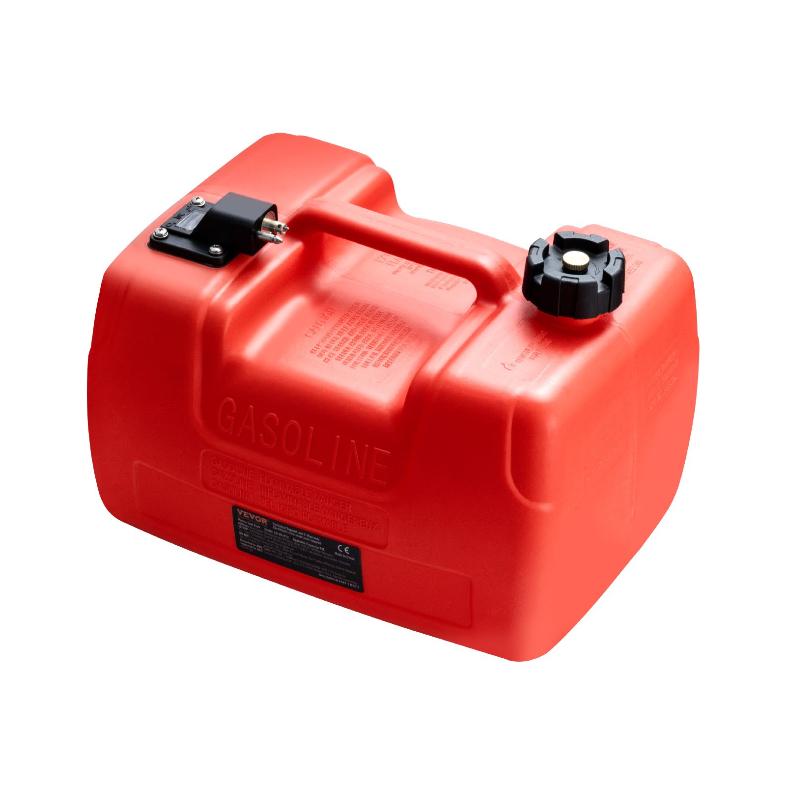 red VEVOR marine fuel tank with black cap and handle, labeled &quot;gasoline&quot; on the side.