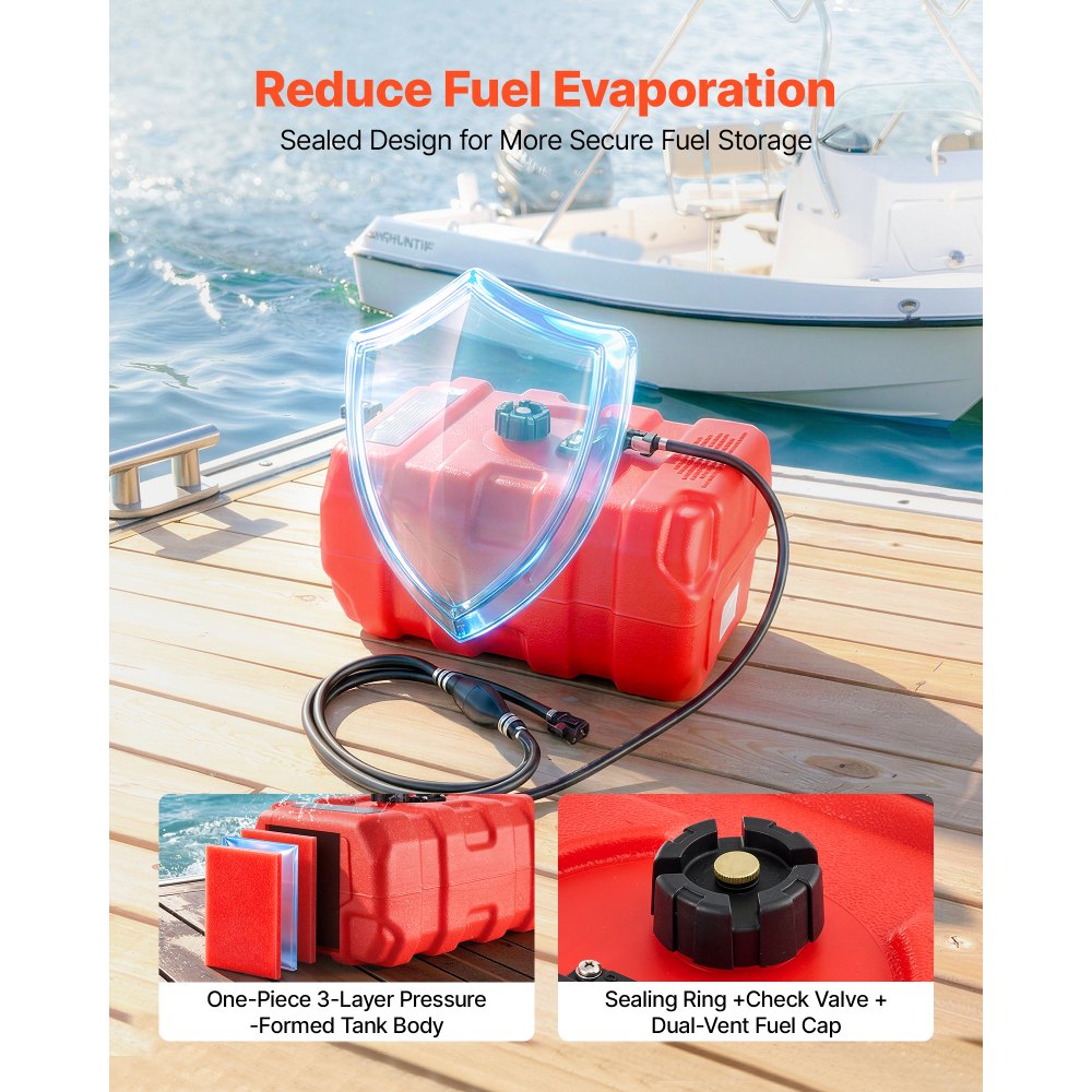 VEVOR Marine Fuel Tank, 33 L Boat Gas Tank Portable Outboard Gas Can, for Outboard Engine Boats, Yacht, Fishing Boat, Deck Boat, Gas Container, Fuel Gauge, Hose & Primer Bulb, Premium HDPE, Red