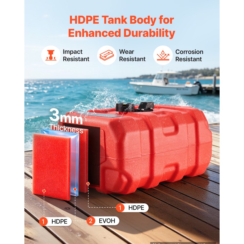 VEVOR Marine Fuel Tank, 33 L Boat Gas Tank Portable Outboard Gas Can, for Outboard Engine Boats, Yacht, Fishing Boat, Deck Boat, Gas Container, Fuel Gauge, Hose & Primer Bulb, Premium HDPE, Red
